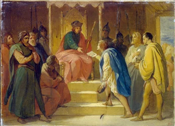 Grão-Príncipe Andrei Bogolioubski (antes de 1100-depois de 1193) recebe artesãos enviados pelo imperador Frederique Barberousse (Frederique I de Hohenstauffen