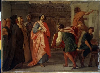 O Grande Príncipe Simeão Ivanovich o Orgulhoso dá uma ordem à pintura da Catedral de Moscovo. Pintura por Pyotr Vasilyevich Basin (