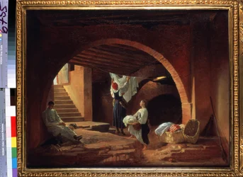 O Sótão da Academia de Belas Artes em São Petersburgo. Pintura por Pyotr Vasilyevich Basin (1793-1877). Óleo sobre tela, 63,5 x 80,2 cm, ca. 1831. A arte russa do século XIX. Estado Tretyakov Ga