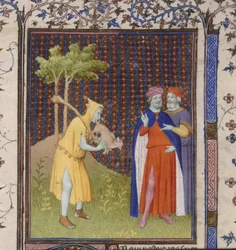 Royal 15 D.11 fol.262 Fool with a small animal, from the 
