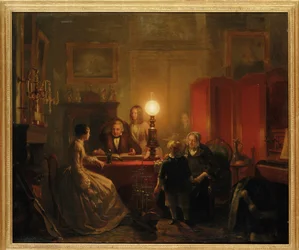 Uma família reunida em torno de uma mesa iluminada, 1854