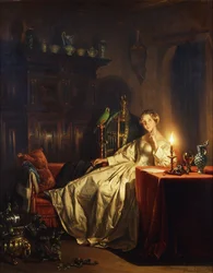 Interior iluminado por velas com uma senhora sentada a uma mesa, 1865