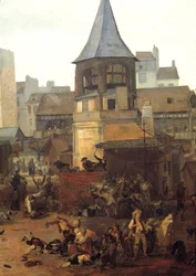 Rejouissances dados pela cidade de Paris aux Halles em 21/01/1782 por ocasião do nascimento do Dauphin Louis Joseph da França (1781-1789) Detalhe. Pintura de Louis Philibert Debucourt (1755-1832) 1782 Sol. 0,89x1,16 m Paris, Musee Carnavalet