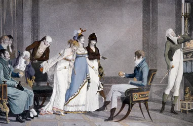 The Orange, de Louis-Philibert Debucourt (1755-1832), aquatint, cena com móveis de inspiração etrusca ao estilo Directoire, França