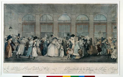 Caminhe pela galeria do palácio real em 1787. Gravura de Louis Philibert Debucourt (1755 - 1832)