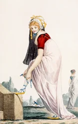 Jovem senhora em roupa de verão estilo grego, 1700, ilustração de &39;Modes et Manieres du Jour a Paris&39;