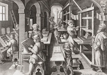 Uma tipografia europeia cerca de 1590 (gravura)