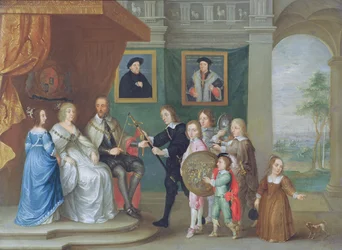 Thomas Howard, 14.º conde de Arundel, recebe armas dos filhos para assinalar a sua nomeação para comandar o exército contra a Escócia em 1639