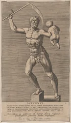 Placa 1: Saturno, estátua do deus nu em pé sobre um soco, segurando uma foice na direita..., 1586.