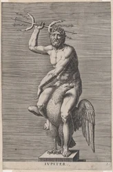 Placa 2: Júpiter, estátua do deus nu sentado em uma águia, segurando um tridente duplo, de..., 1586.