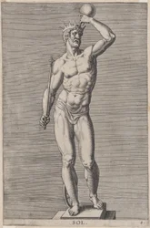 Placa 4: Apolo, estátua do deus nu em pé sobre um soco, usando uma coroa e segurando um..., 1586.
