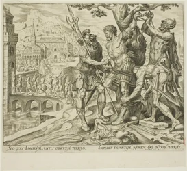 Os israelitas encontrando Achior amarrado a uma árvore, placa dois da história de Judite e Holofernes