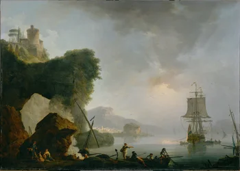 Paisagem marítima com o sol a pôr-se (pintura sobre tela)