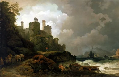 Um barco de pesca puxado para terra, perto do Castelo de Conwy (País de Gales). Óleo sobre tela, cerca de 1800, de Philippe-Jacques (Philippe Jacques) de Loutherbourg (1740-1812).