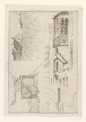 Campo de trigo com casas e duas vistas de casas de uma cidade
A Vleurgat; Champ de Blé / Rue Haute / Etude de la bretêche de l