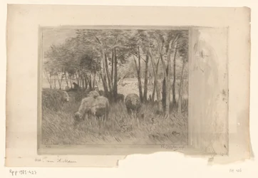 Rebanho de ovelhas e pastor em um prado com árvores Moutons (título original)