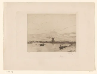Navegue com um barco a remo em uma paisagem de prado com um moinho Paysage (título original)