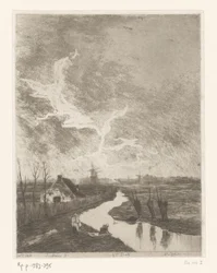 Paisagem de prados com vala, quinta e moinhos de vento
Environs de La Haye (título original)