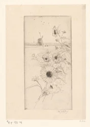 Girassóis para uma paisagem de prado com cavalos e moinho Eutude de tournesols (título original)