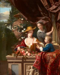 Figuras elegantes em um terraço com tigela de frutas sortidas (óleo no painel)