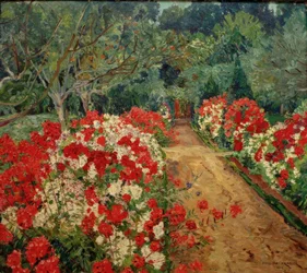 Caminho de jardim com canteiro de floxes