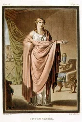 Clytemnestra, traje de "Iphigenia in Aulis" de Jean Racine, do Volume II de "Pesquisa sobre o Traje e Teatro de Todas as Nações", gravada por Pierre Michel Alix (1762-1817) 1802 (gravura em cores)