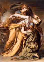 Eriphile, fato para "Iphigenia in Aulis" de Jean Racine, do Volume II de "Pesquisa sobre os Fatos e Teatro de Todas as Nações", gravado por Pierre Michel Alix (1762-1817) 1802 (gravura a cores)