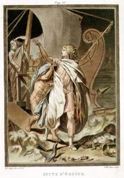 O séquito de Orestes, trajes para «Andrómaca», de Jean Racine, do volume I de «Investigações sobre os trajes e o teatro de todas as nações», gravado por Pierre Michel Alix (1762-1817), 1802