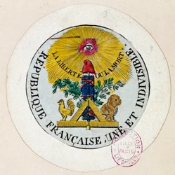 Revolução Francesa: selo decorado com símbolos da República e da maçonaria. Gravura de Philippe Auguste Hennequin (1762-1833), 1792. Paris, Museu Carnavalet