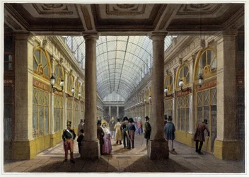 A Galeria Orleans, no Palais Royal - em "Promenade dans Paris et ses environs", desenhada por Jacottet e Benoist, c. 1840