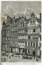 Casas antigas na praça da prefeitura em Bruxelas. Gravura de Ph. Benoist, para ilustrar a história da Bélgica de Camille Lemonnier, publicada no tour du monde, sob a direção de Edouard Charton (1807-1890), Paris