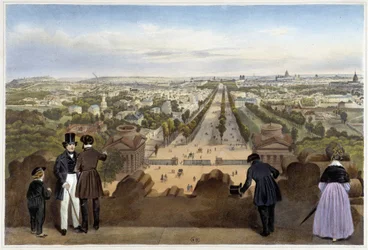 Vista de Paris do Arco do Etoile (Champs-Elysées) - em "Promenade dans Paris et ses environs", desenhado por Jacottet e Benoist, c. 1840