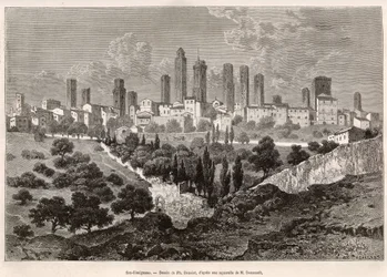 Vista de San Gimignano (Toscana, Itália). Gravura após o desenho de Ph. Benoist, para ilustrar a viagem à Toscana e Umbria, de Francis Wey, em 1875, publicado em "Le tour du monde" 1876, editado por Edouard Charton, edição Hachette, Paris. Selva