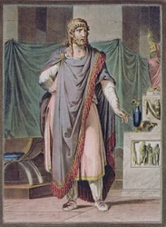Antíoco, traje para «Berenice» de Jean Racine, do volume II de «Investigações sobre os trajes e o teatro de todas as nações», gravado por Pierre Michel Alix (1762-1817), 1802
