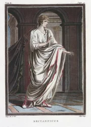 Britânico, traje para «Britânico» de Jean Racine, do volume II de «Investigação sobre os trajes e o teatro de todas as nações», gravado por Pierre Michel Alix (1762-1817), 1802