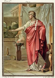 Pirro, traje para «Andrómaca» de Jean Racine, do Volume I de «Investigação sobre os Trajes e o Teatro de Todas as Nações», gravado por Pierre Michel Alix (1762-1817), 1802