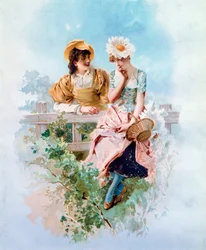 Confiança Duas jovens raparigas a sussurrar segredos. Litografia de Philippe Jacques Linder (1835-?) Coleção Particular do século XIX