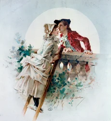 Beijo terno. Cena galante representando um casal que se beija ao luar. Litografia de Philippe Jacques Linder (1835-?). Século XIX. Coleção particular