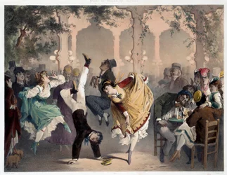 A grelha tem o entretenimento popular Bullier Scene. Litografia de Philippe Jacques Linder (1835-?). Serie Musee de Moeurs et d