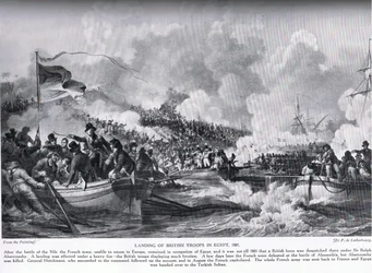 O desembarque de tropas britânicas no Egito em 1801, ilustração da "História das Nações de Hutchinson"