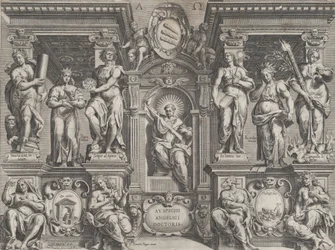 Impressão de tese alegórica com várias figuras, inserida numa estrutura arquitetónica, 1608.