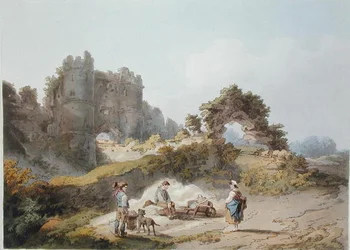 Porta do Castelo de Carisbrook, de "The Romantic and Picturesque Scenery of England and Wales", publicado em 1805 (gravação a cores)