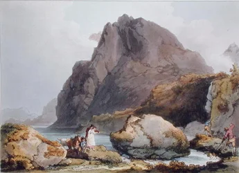 Llyn Ogween, de "The Romantic Picturesque Scenery of England and Wales", publicado em 1805 (gravação a cores)