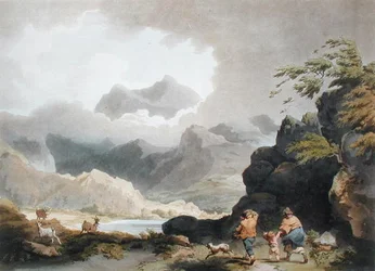 Snowdon, de "The Romantic and Picturesque Scenery of England and Wales", publicado em 1805 (gravação a cores)