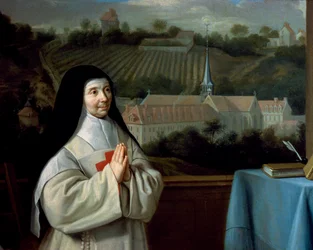 Madre Marie-Angelique Arnauld, detalhe do Retrato da irmã de Madre Marie-Angelique Arnauld e da mãe Agnes em frente à Abadia de Port-Royal des Champes, atribuído a Philippe de Champaigne (1602-1670).
