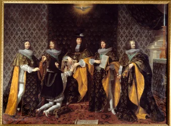 O rei Luís XIV recebe o seu irmão, o duque de Anjou, cavaleiro da Ordem do Espírito Santo. Pintura de Philippe de Champaigne (1602-1674), século XVII, Grenoble, Musée des Beaux-Arts