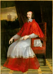 Retrato no pé do Cardeal Jules Mazarin (Giulio Raimondo Mazzarino ou Mazarino) (1602-1661) O Cardeal senta-se atrás dele uma vista do Chateau de Vincennes. Pintura de Philippe de Champaigne (1602-1674). Sol 2,05 X 1,44 m. Chantilly, musee de Conde - F