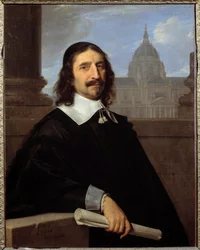 Retrato do arquitecto Jacques Lemercier (1585-1654) em frente à capela da Sorbonne Pintura de Philippe de Champaigne (1602-1674) (ec.flam.) Sol do século XVII. 0,97x0,75m - - Retrato do arquitecto Jacques Lemercier (1585-1654), em frente à capela da Sorbon