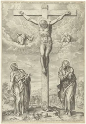 Cristo na cruz flanqueado por Maria e João numa paisagem