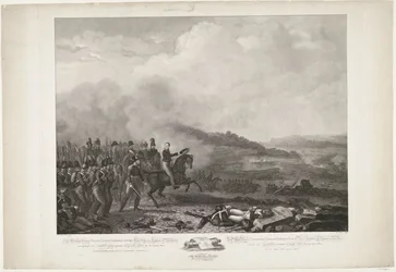 Príncipe de Orange liderando as tropas holandesas na Batalha de Quatre-Bras, 1815 Sua Alteza Real William, George, Frederik, Lodewijk, Príncipe Herdeiro do Reino dos Países Baixos à frente dos holandeses contra o exército francês por Quatre-B